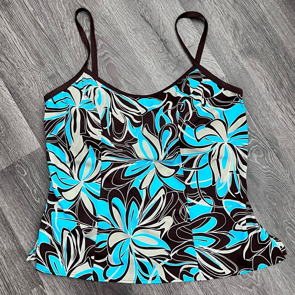 BALTEX Blue Brown Floral Tankini Swim Top Shelf Bra Beach Plus Size 1X - Picture 4 of 16
